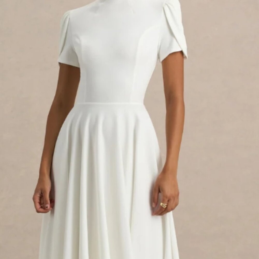 club London - White High Neck Midi Dress with Puff Sleeves - NEVER WORN